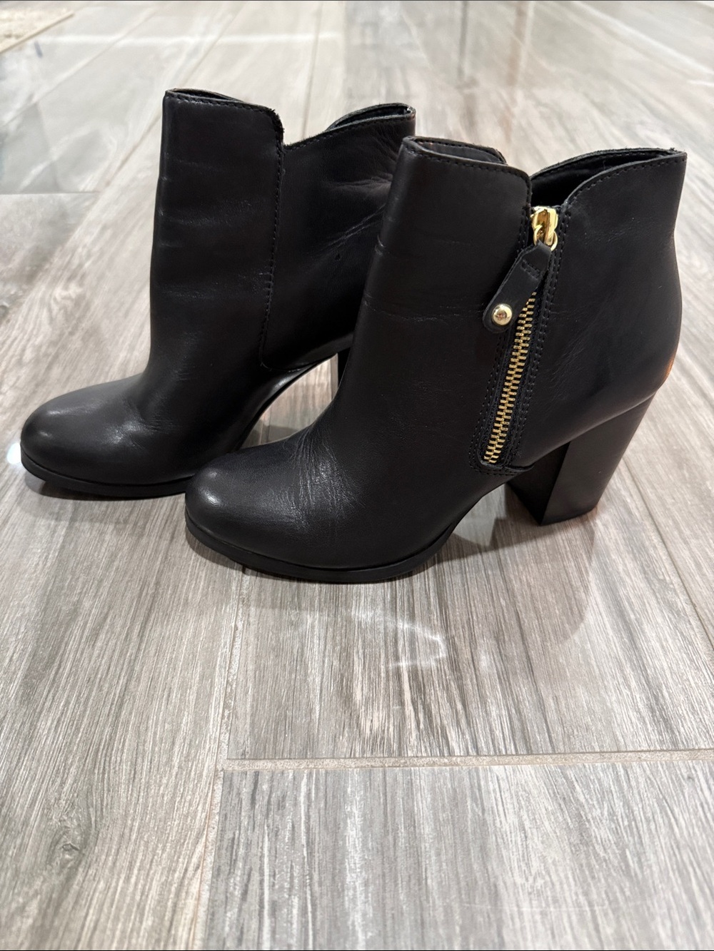 Aldo Black Leather Ankle Booties with Gold Side Zip